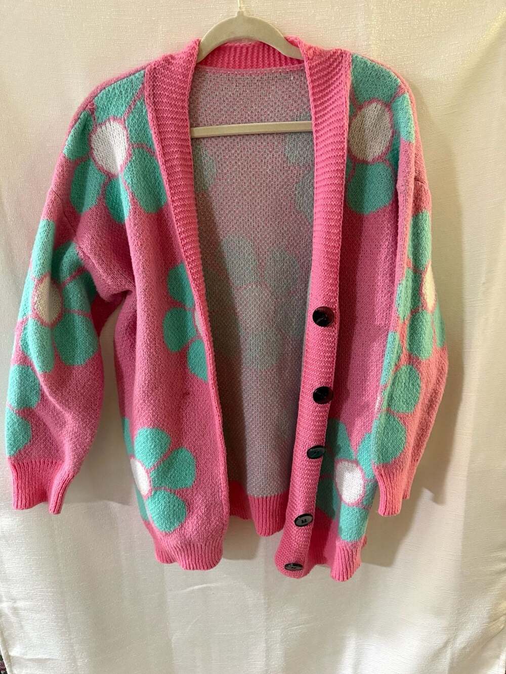 Unity Floral Pattern Drop Shoulder Cardigan in Pink and Teal